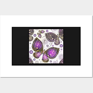 Ornate Purple Butterfly Pattern with Flowers and Swirls Posters and Art